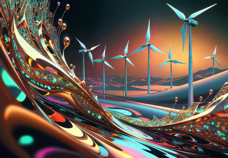 Wind turbines in desert. Renewable energy concept. 3D renderingの素材
