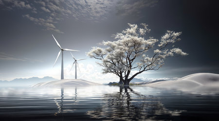 Conceptual image with wind turbines on the surface of the lake. 3d renderの素材