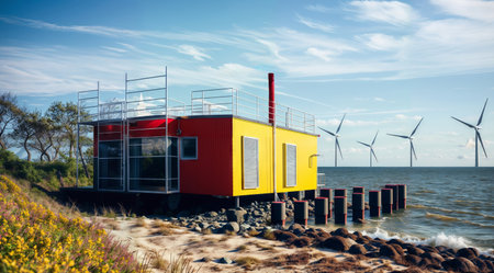 Wind turbines on a beach in the netherlands at summer.の素材
