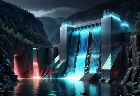 Hydroelectric power station in the mountains. 3D rendering.の素材