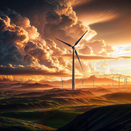 Wind turbines generating electricity on the hills at sunset. 3D renderingの素材