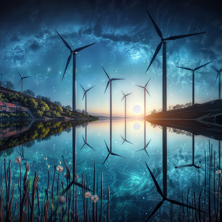 Wind turbines on the shore of the lake at sunset. 3D renderingの素材