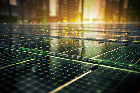 solar panel with cityscape background 3d rendering image tonedの素材
