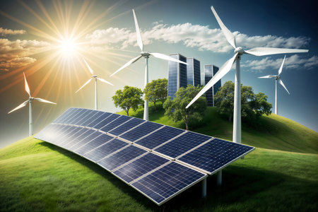 Solar panels and wind turbines against green field under blue sky with cloudsの素材