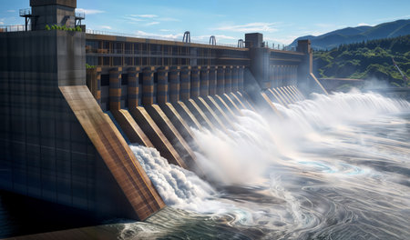 Water flow from hydroelectric power station on the dam with blue skyの素材