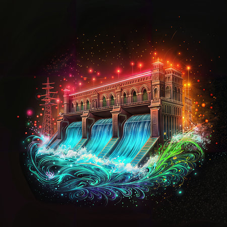 Hydroelectric power station with glowing lights on dark background.の素材