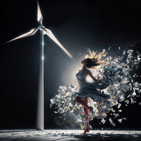 Young attractive woman in white dress dancing with windmill on dark backgroundの素材