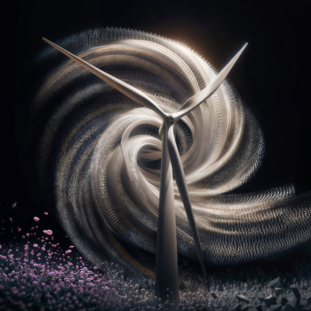 Wind turbine on a black background. 3d rendering. Computer digital drawing.の素材