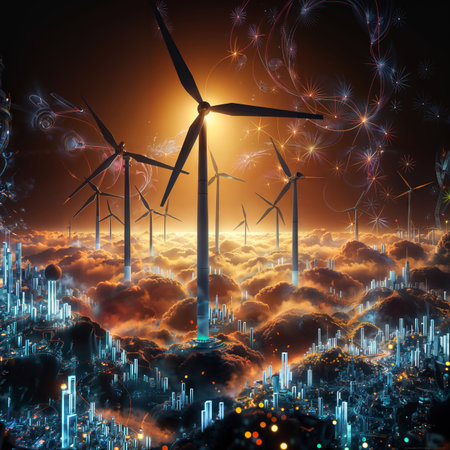 Conceptual image with wind turbines generating electricity in a beautiful landscapeの素材