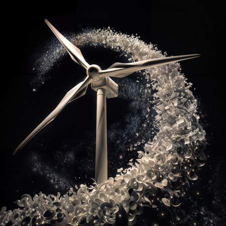 Wind turbines in surreal space. 3D illustration. Black background.の素材