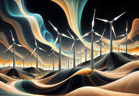Wind turbines against a dark background. 3d rendering. Computer digital drawing.の素材