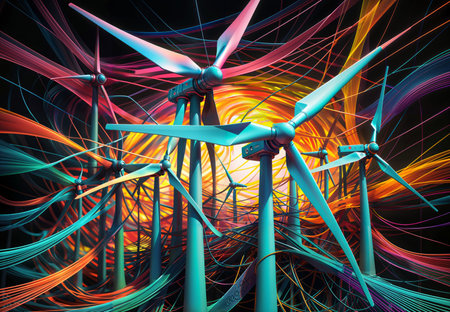 Wind turbines on abstract colorful background. 3D illustration, 3D renderingの素材