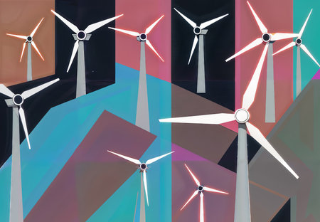 Wind turbines in a row on a colorful background. 3d renderingの素材