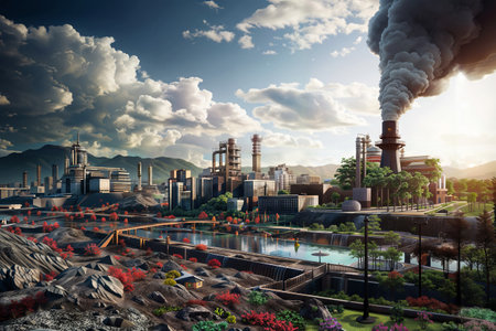 Industrial landscape with factory chimney and river. 3d renderの素材