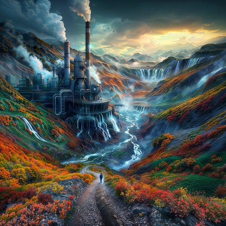 Fantasy landscape with industrial power station in autumn. 3D renderingの素材