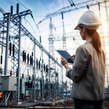 Engineer woman working with tablet computer at construction site. Engineering and architecture concept.の素材