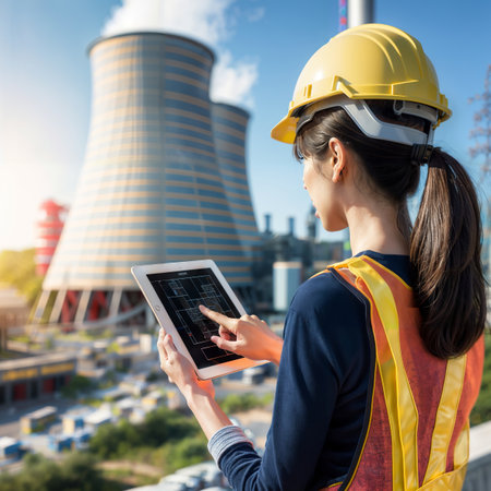 Engineer woman working with tablet in front of nuclear power plant.の素材