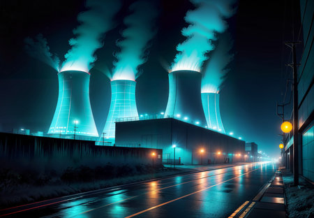 Nuclear power plant in the night with fog. Concept of global warming.の素材