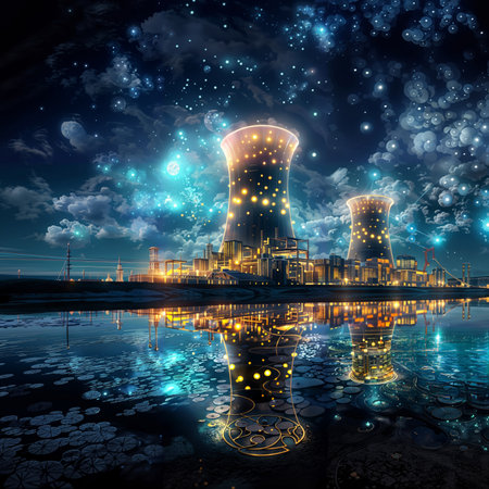 Nuclear power plant at night with reflection in water, illustration.の素材