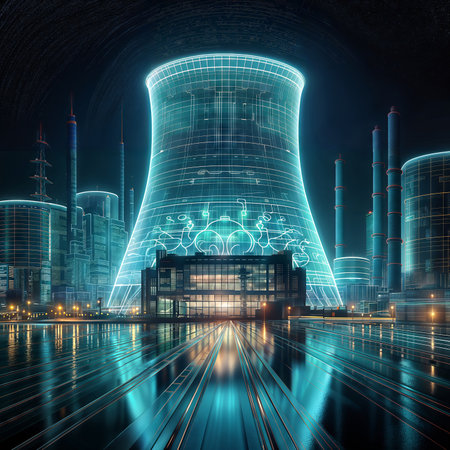 Nuclear power plant in the city at night. 3D renderingの素材