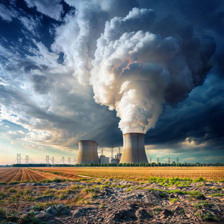 Nuclear power plant with blue sky and white clouds at sunset.の素材
