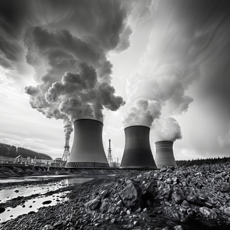 Cooling towers of nuclear power plant. Black and white image.の素材