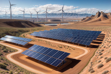 solar energy panels and wind turbines in desert landscape, 3d renderingの素材