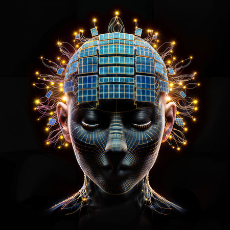 3D rendering of a female robot with circuit board in her headの素材