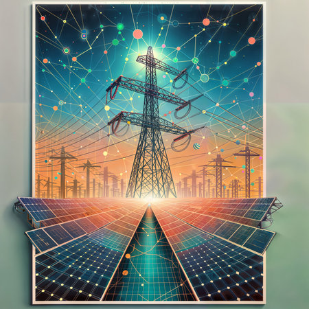 Solar panels and high voltage electricity pylons.の素材