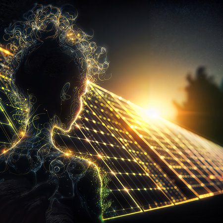 Conceptual image with human head and solar panels. 3d renderingの素材