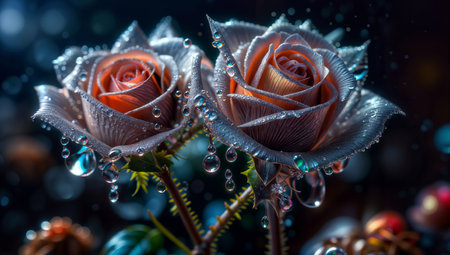 Beautiful roses with drops of water on the background of Christmas decorationsの素材