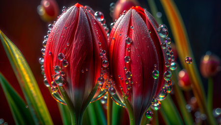 Beautiful tulips with dew drops on a dark background.の素材