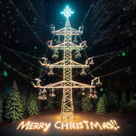 3D rendering of a Christmas tree with lights and snowflakesの素材