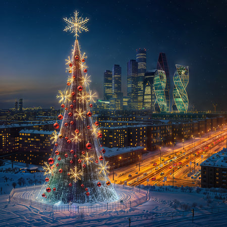 Christmas tree on the background of the night city. 3d renderingの素材