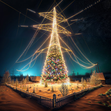 Electricity pylon and christmas tree at night. 3D renderingの素材