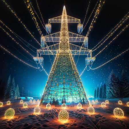 Electricity pylons with Christmas balls. 3D illustration.の素材
