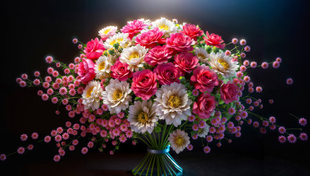 Bouquet of colorful flowers in vase on black background.の素材
