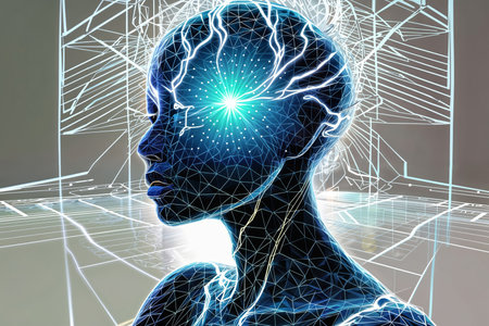 3D rendering of a female head with glowing brain on white backgroundの素材