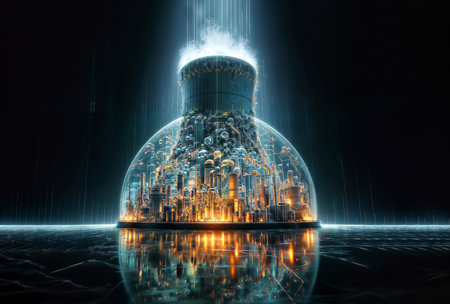 Nuclear power plant in glass sphere. 3D rendering. Mixed mediaの素材