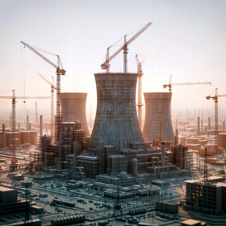 Nuclear power plant with cranes and buildings, 3d renderの素材