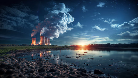 Nuclear power plant at sunset. Global warming concept. 3D Renderingの素材