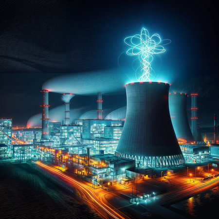 Nuclear power plant at night. Concept of energy generation and heavy industryの素材