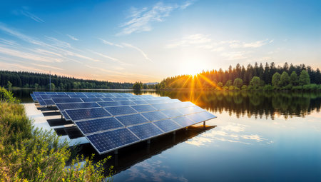 Solar panels on the lake at sunset. Alternative energy source. Panoramic view.の素材