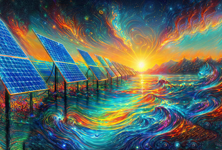 Solar panels on the background of a beautiful sunset. 3D renderingの素材