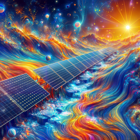 Solar panels on the background of a cosmic landscape. 3D renderingの素材