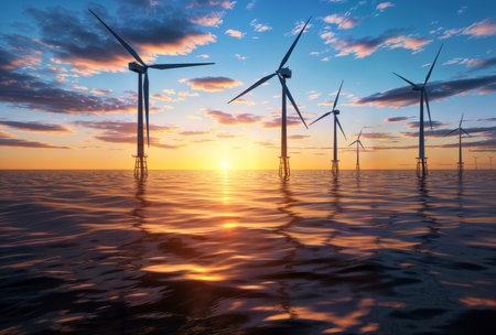 An image of wind turbines in the sea at sunset, Renewable energyの素材