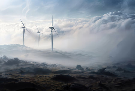 Wind turbines in a foggy landscape. 3D render illustration.の素材