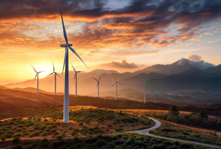 Wind turbines at sunset in the mountains. Concept of renewable energy.