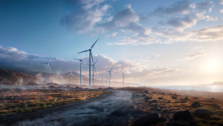 Windmills for electric power production at sunset. 3D renderingの素材