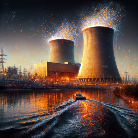Nuclear power plant at night, nuclear power plant in Europe.の素材